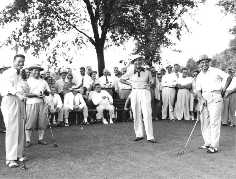 In August 1949, sportswriter Tom Shriver wrote in the Harrisburg (PA) Patriot News: Those brave golf enthusiasts who defied the direct rays of a hot sun yesterday to tramp around the well-kept fairways of the Harrisburg Country Club were treated to some fine golf as four outstanding professionals made Old Man Par look ridiculous.Sam Snead, the current holder of the PGA Championship and Rod Munday teamed up against veteran Gene Sarazen and host professional Jack Grout to win a four-ball match 4-up with three to play. In the match, Snead alone had a 65, seven under regulation figures, and Munday posted a 66 with a couple of conceded putts. The duo posted a best-ball score for the 18 holes of 11-under par. Even against this brand of golf, the team of Grout and Sarazen were far from disgraced. Grout had a 67, with a 32 on the front nine and a 35 on the back layout, while Sarazen was listed for a 69. After it was all over the Squire announced that he would play one more exhibition and then quit golf until the weather was a trifle cooler.